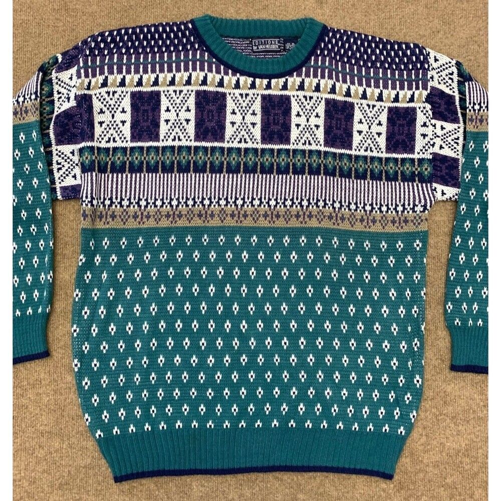 Vintage Van Heusen Sweater Mens XL Fair Isle Nordic Geo 80s Crew Knit Pullover